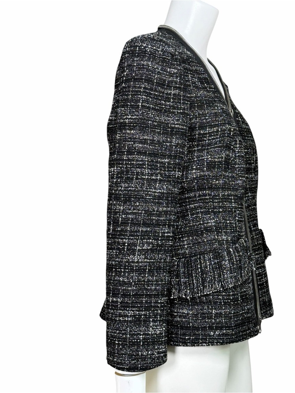 Nanette Lepore Black Tweed Jacket Linen Fringe Zip Made in USA Size 8 Preppy - Picture 5 of 10